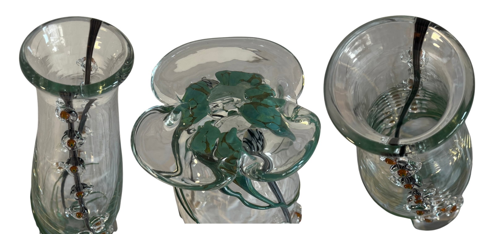 Art Glass Vase With Textural Applied Floral Grass Design - 18