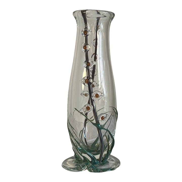 Art Glass Vase With Textural Applied Floral Grass Design: This exceptional 14-inch Art Nouveau-style hand-blown clear glass vase showcases an extraordinarily intricate, fully three-dimensional, textural, floral composition that reflects a very high level of