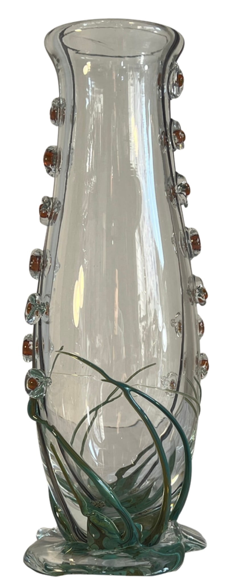 Art Glass Vase With Textural Applied Floral Grass Design - 3