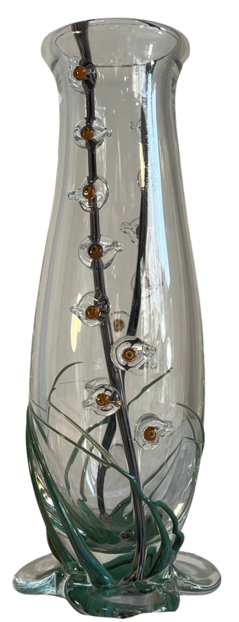 Art Glass Vase With Textural Applied Floral Grass Design - 7