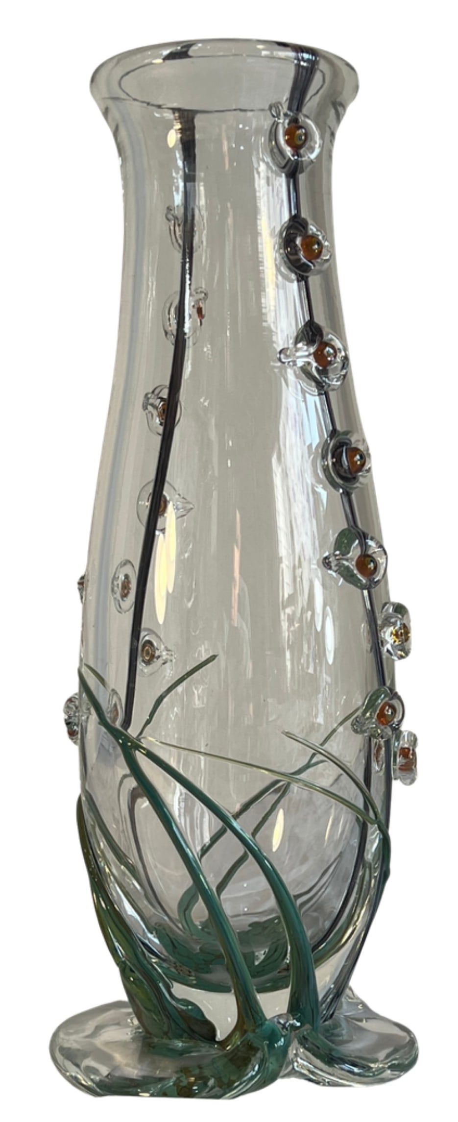 Art Glass Vase With Textural Applied Floral Grass Design - 9