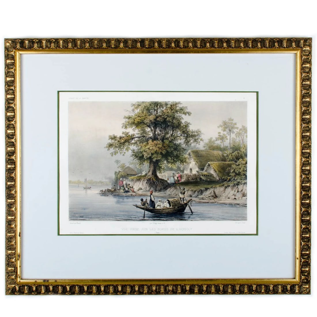 Hooghly River Print by Auguste-Nicolas Vaillant: Print by Auguste-Nicolas Vaillant (France, 1793-1858) entitled "Vue prise sur les bords de l'Hougly, Inde (View of The Banks of the Hooghly River in India)." An extremely rare print with even rarer ha