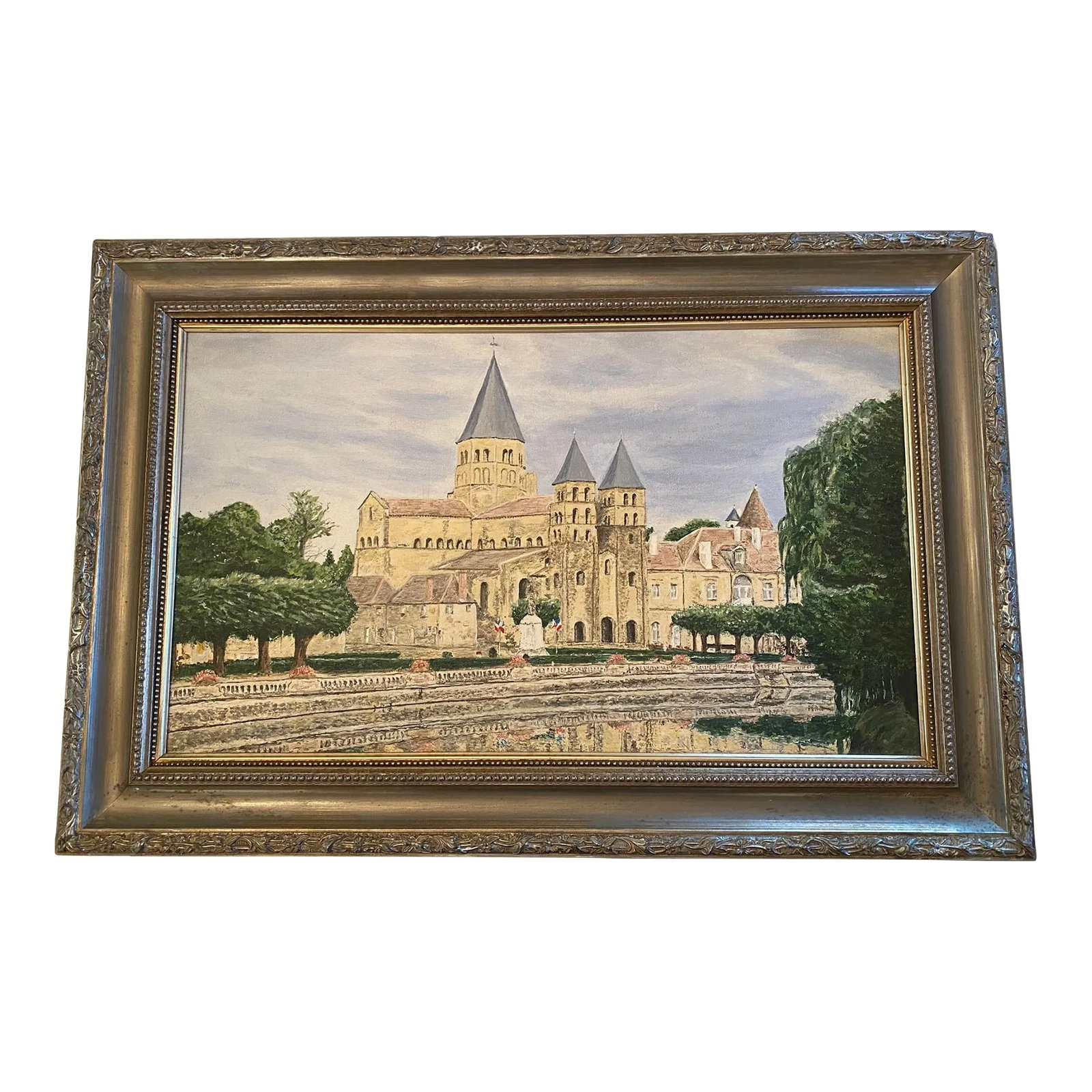1980's French Oil on Canvas Still Life "Basilica of Paray-Le-Movial" by Artist J. Woodward: 1980's French Oil on Canvas Still Life "Basilica of Paray-Le-Movial" by Artist J. Woodward. This lovely painting is in very good condition and is signed and dated on the back by the Artist. The Scene