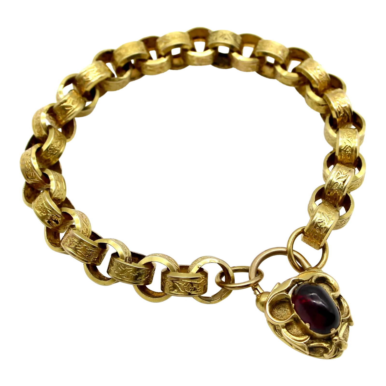 Early Victorian 14k Gold Padlock Heart Clasp Rolo Link Bracelet: This is part of Chairish's Fine Jewelry assortment. Circa the 1840's, the centerpiece of this 14k gold bracelet is a heart shape padlock clasp with a garnet carbuncle. The oval cabochon has a high