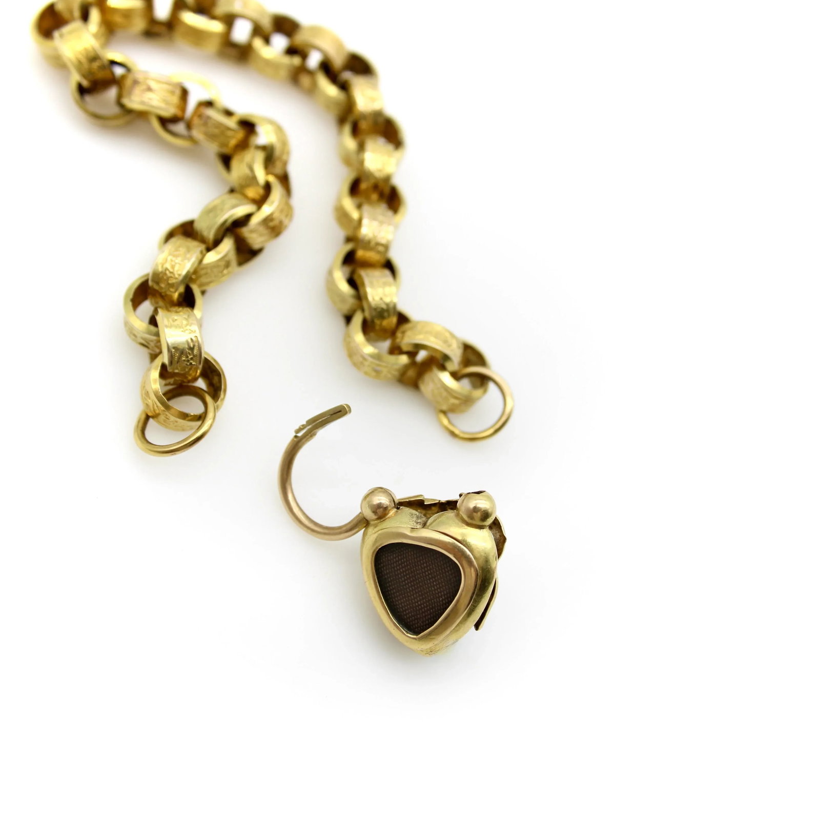 Early Victorian 14k Gold Padlock Heart Clasp Rolo Link Bracelet - 7