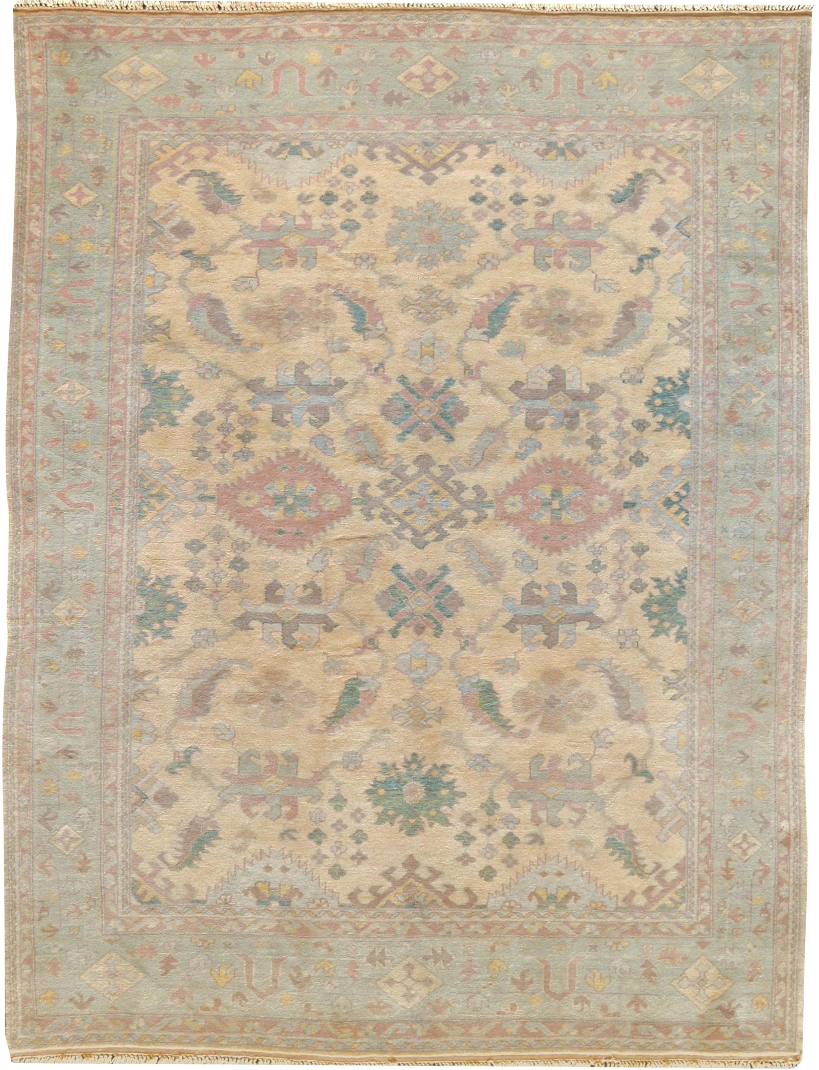 Mansour Handwoven Agra Rug: Genuine hand-knotted Agra from Kashmir featuring subtle colors and a beautiful decorative all-over design. 100% fine natural wool pile. Condition: Alterations: Original Condition Unaltered