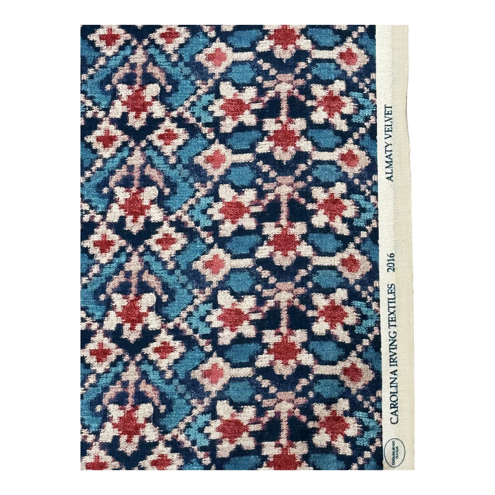 Carolina Irving "Almaty" Velvet Fabric -10 Yards Red/Blue: 10 yards of Carolina Irvings "Almaty" velvet. Color- Red/Blue. Width: 53" Made of: 100% Cotton Repeat: 9.02"H x 3.4"V Excellent condition Condition: Alterations: Original Condition Unaltered