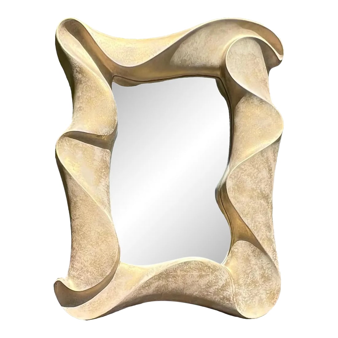 Large 1980s Signed David Marshall Abstract Sculptural Wave Wall Mirror: Postmodern sculptural wave shape mirror by David Marshall. Gorgeous carved stone look design with a very dramatic feel. Perfect for a foyer, bedroom, dining room, hallway, or any room in your home.