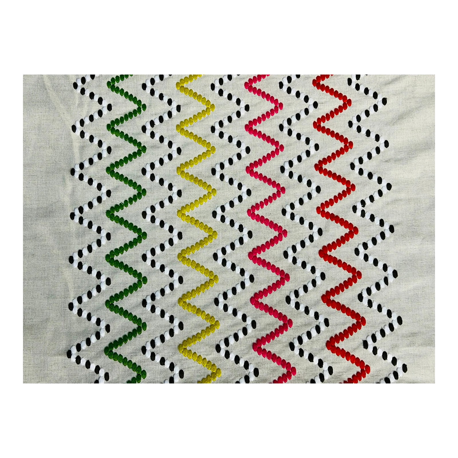Pierre Frey "Bora Bora" Embroidery- 11 Yards: A two-field layout of Zig Zag vertical stripes. Each embroidered section is approx. 13" wide and bordered with approx. 13" of plain linen/cotton ground. Inspired by tribal motifs and reinterpreted