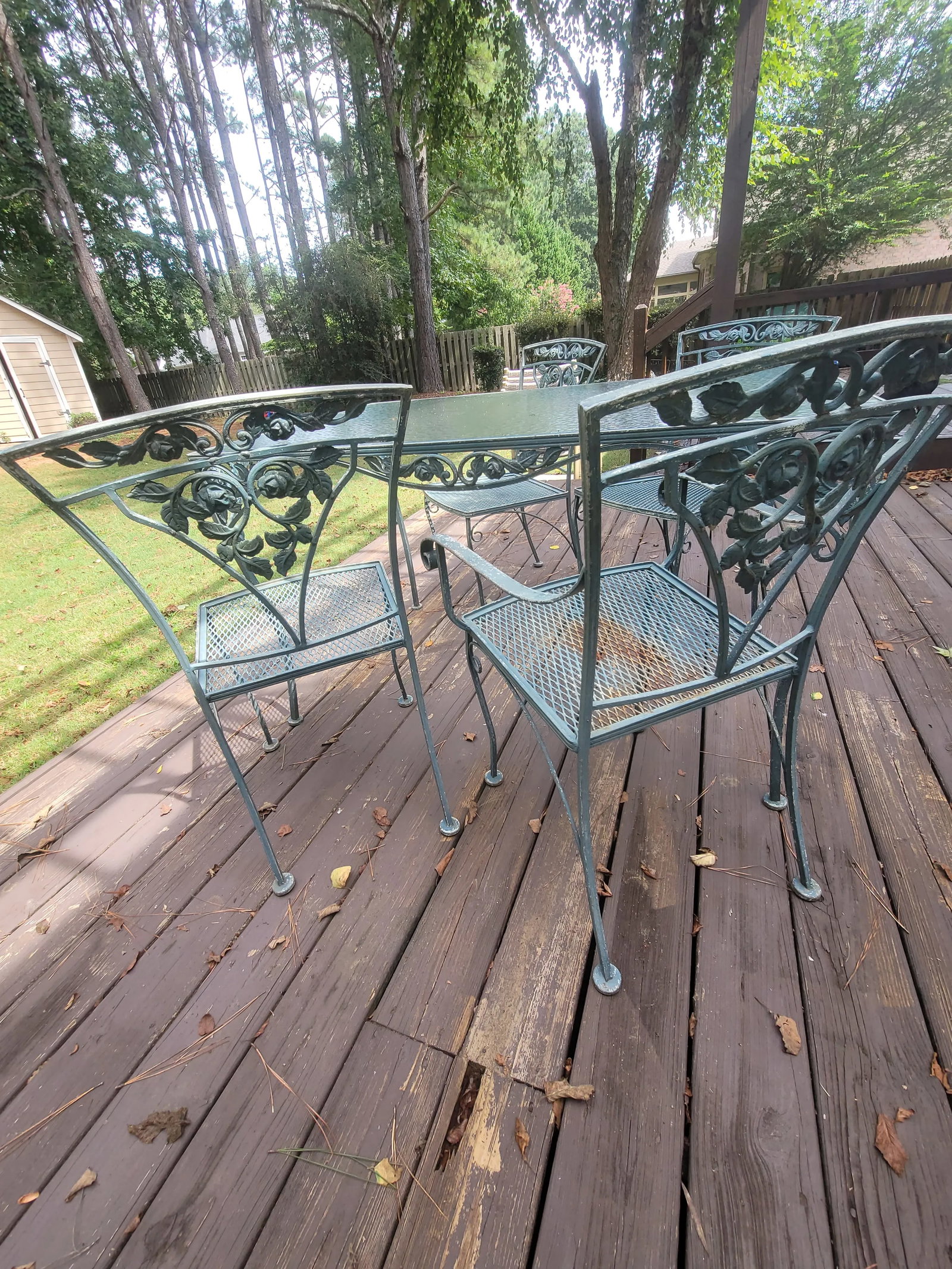Russel Woodard Orleans Chantilly Rose Garden Patio Dining Set of 4 Chairs & Rectangle Dining Table - 9