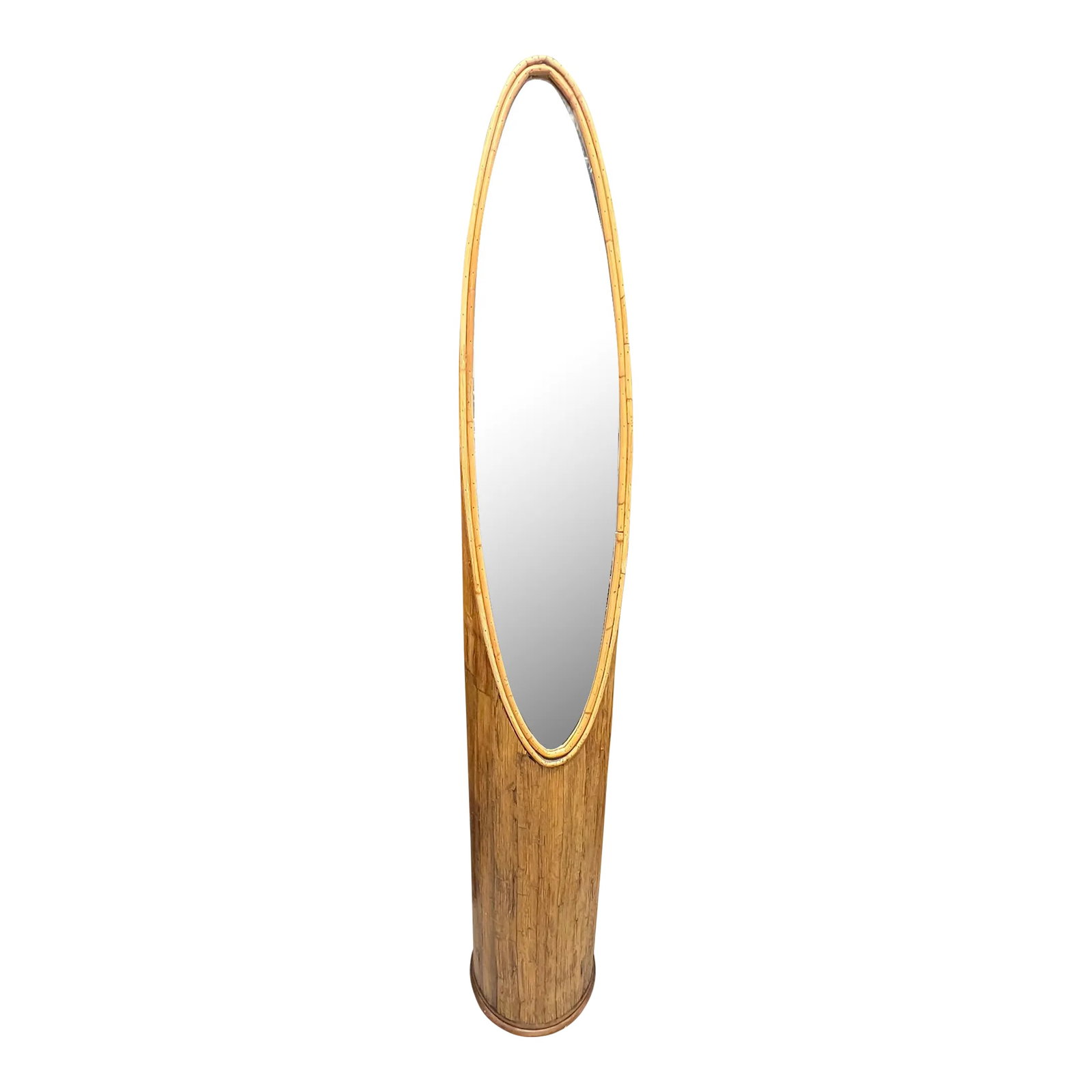 Rattan/Bamboo Lipstick Floor Mirror: Unique Coastal Lipstick Floor Mirror. Bamboo/rattan wood. Round with oval mirror. Perfect for your Coastal Chic Home! Condition: Alterations: Original Condition Unaltered Imperfections: Some