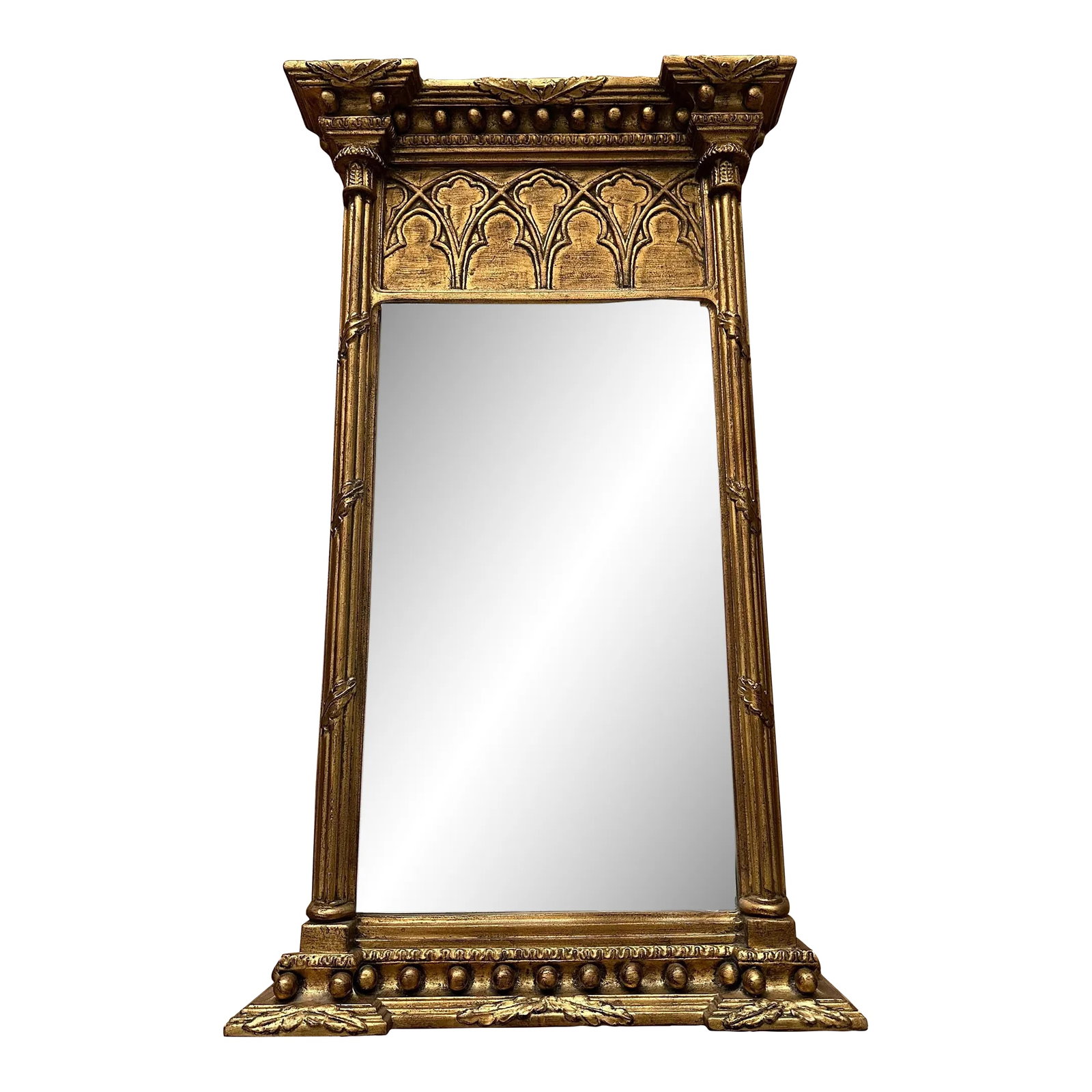 Vintage Gilt Pier Mirror: This beautiful mid-20th century gilt framed hall pier mirror with beveled glass was discovered at an Estate sale outside Boston. It is in excellent estate condition, showing very little signs of use,