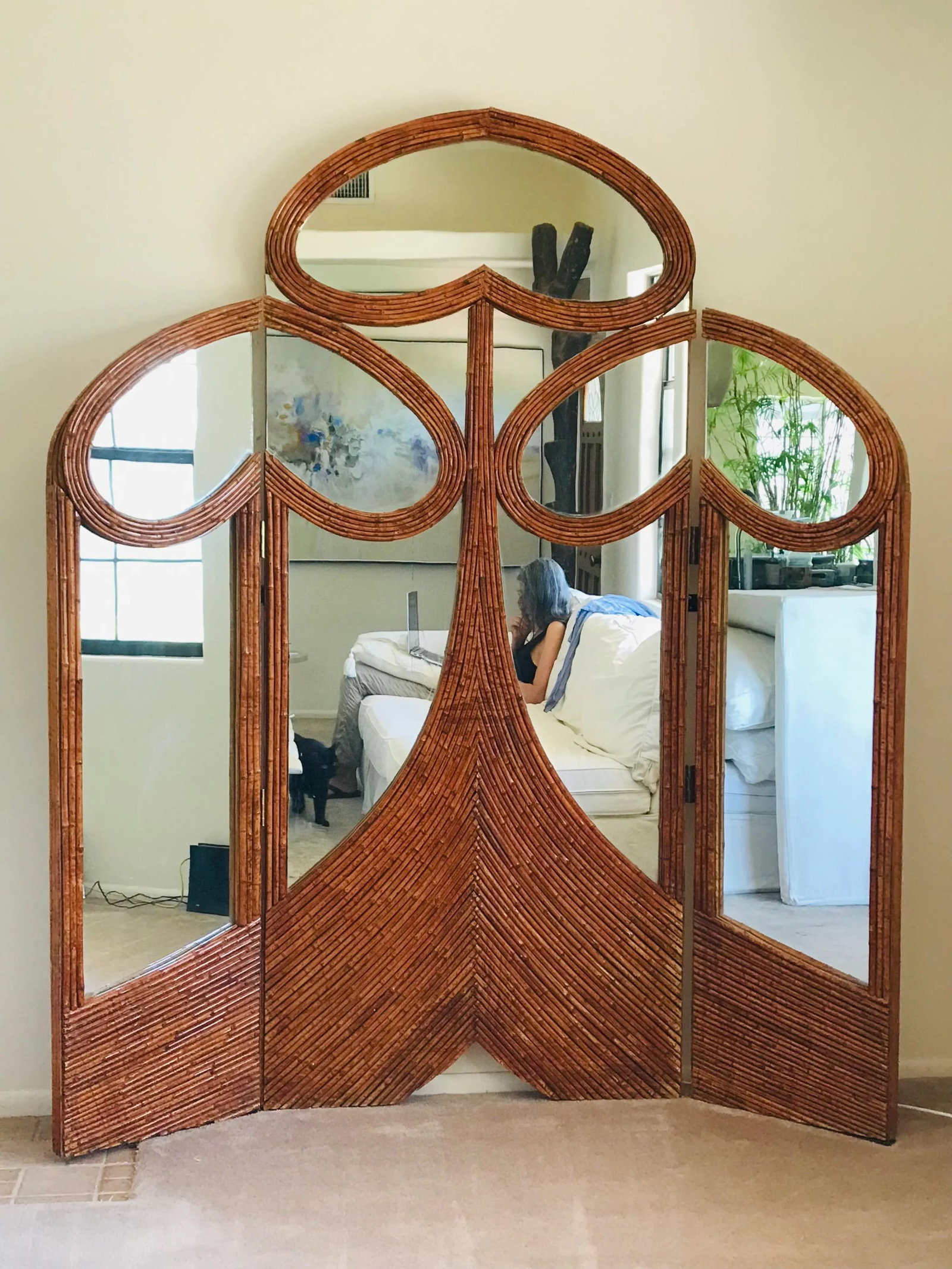 1970's Vivai Del Sud Pencil Reed Rattan Mirrored Screen - 10