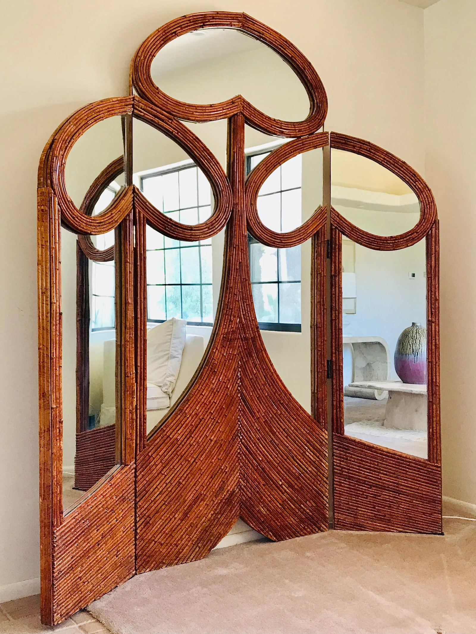 1970's Vivai Del Sud Pencil Reed Rattan Mirrored Screen - 13