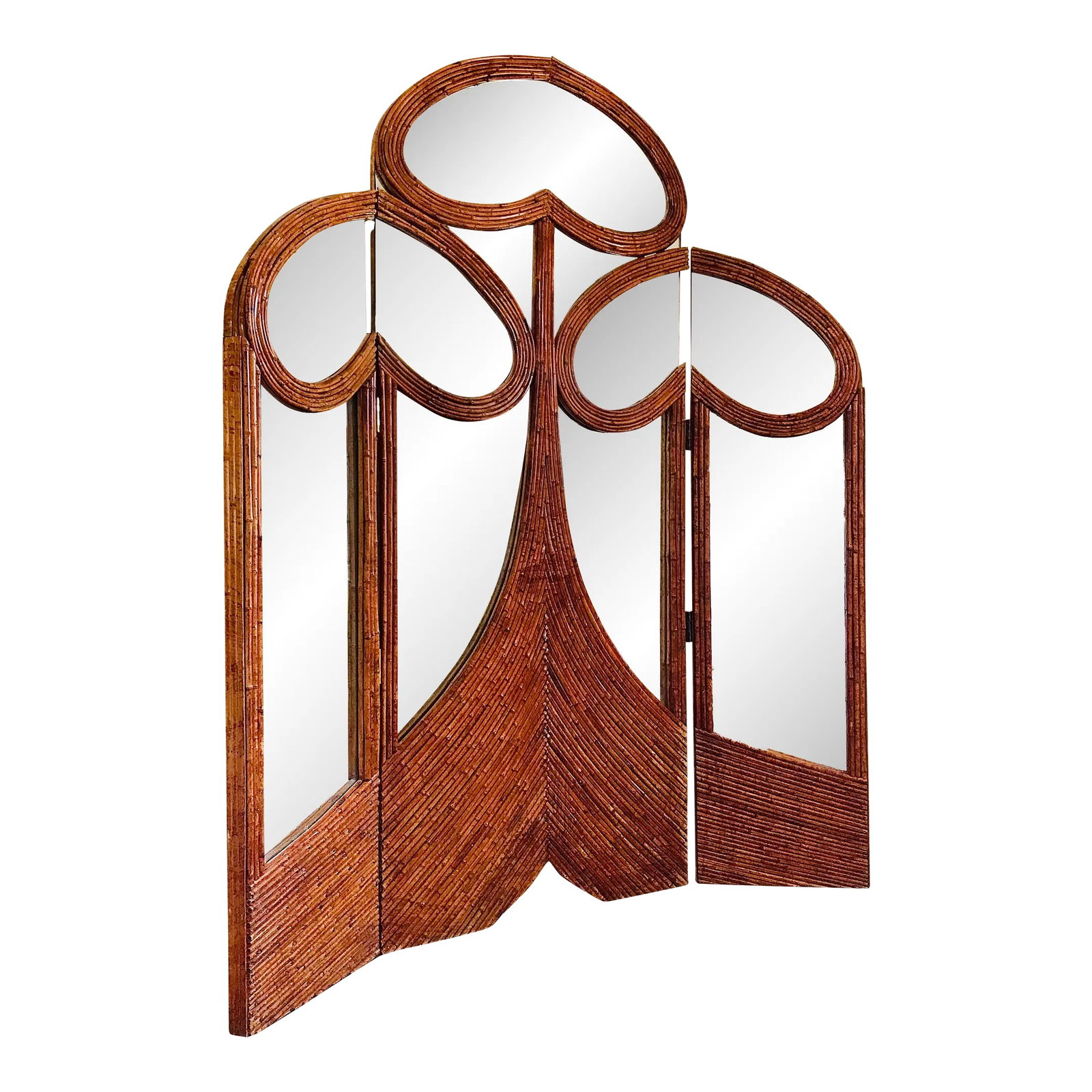1970's Vivai Del Sud Pencil Reed Rattan Mirrored Screen: A large seven foot high three-panel room screen made of pencil reed rattan with mirror insets. A fine Italian design by Vivai Del Sud from the 70's. Condition: Alterations: Original Design Modified