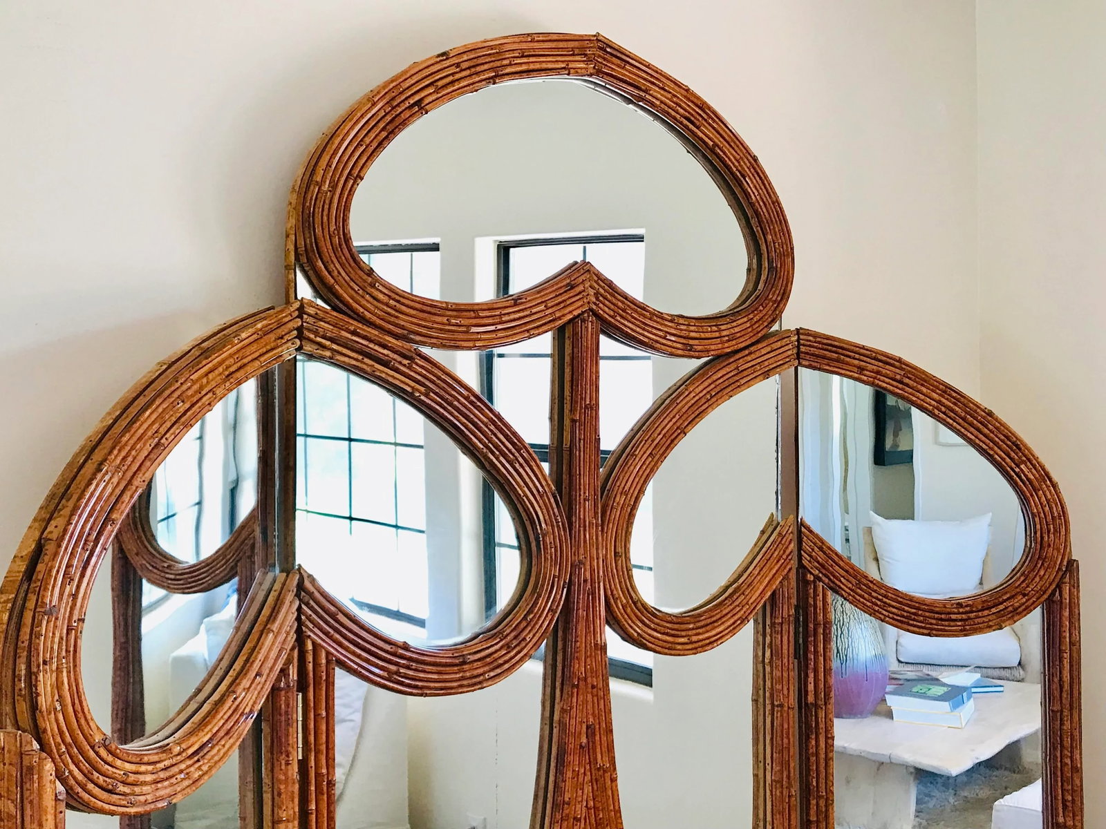 1970's Vivai Del Sud Pencil Reed Rattan Mirrored Screen - 2