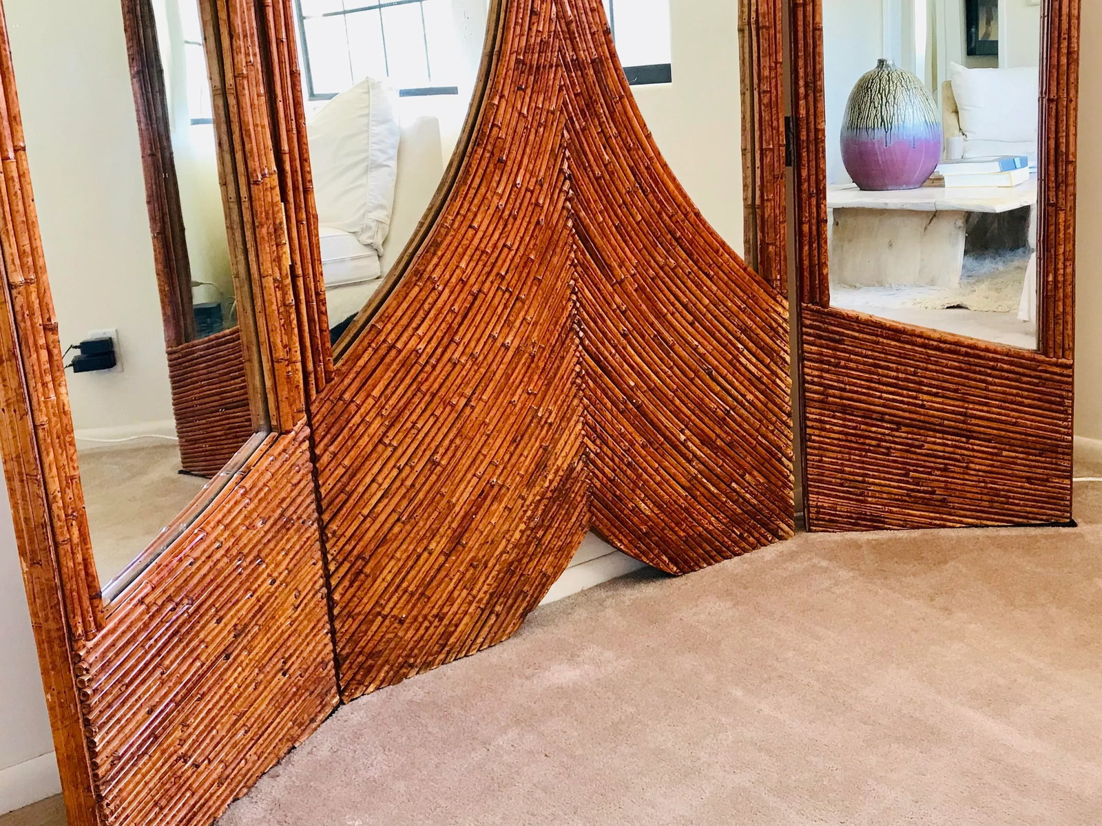1970's Vivai Del Sud Pencil Reed Rattan Mirrored Screen - 3