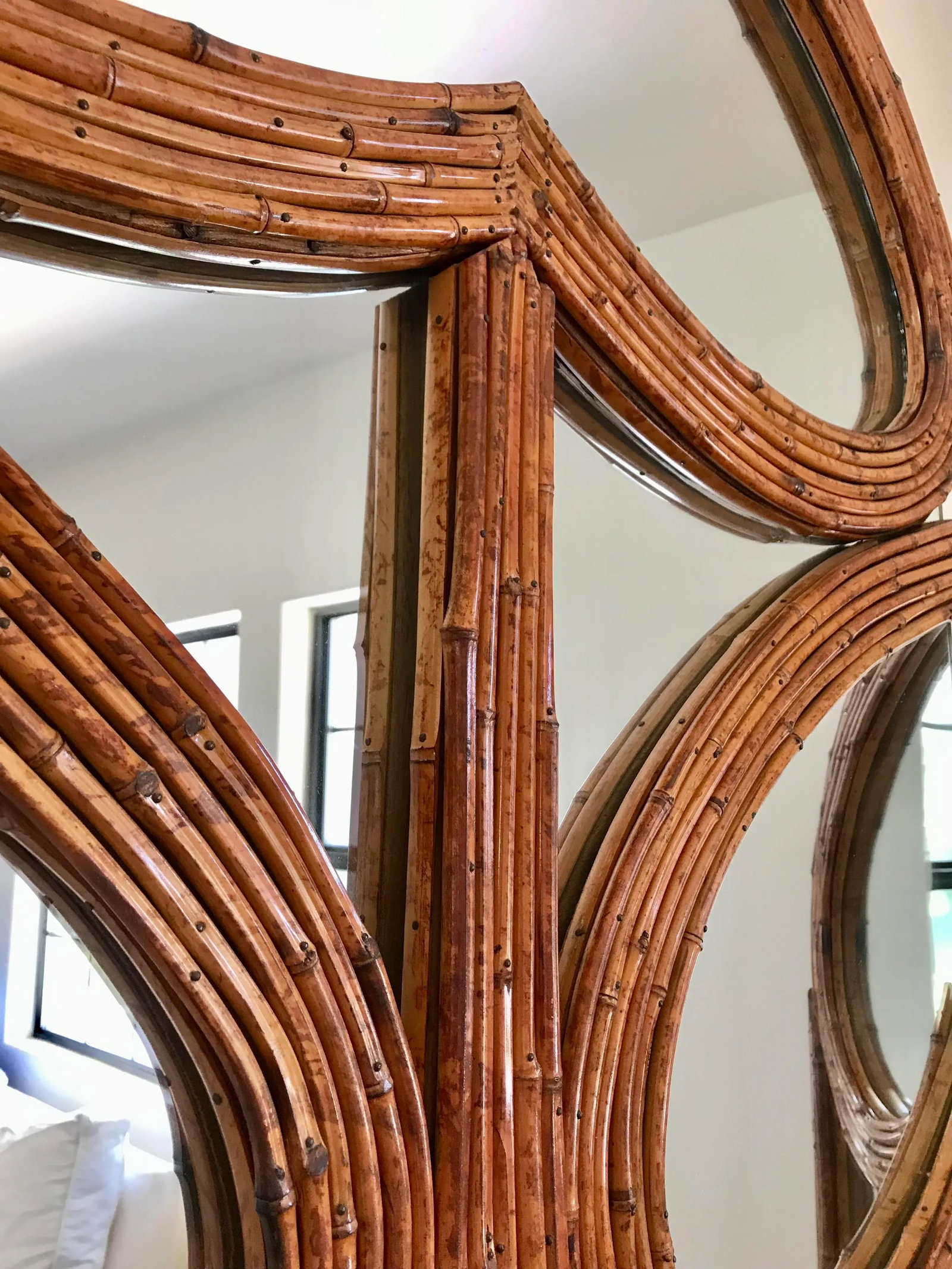 1970's Vivai Del Sud Pencil Reed Rattan Mirrored Screen - 4