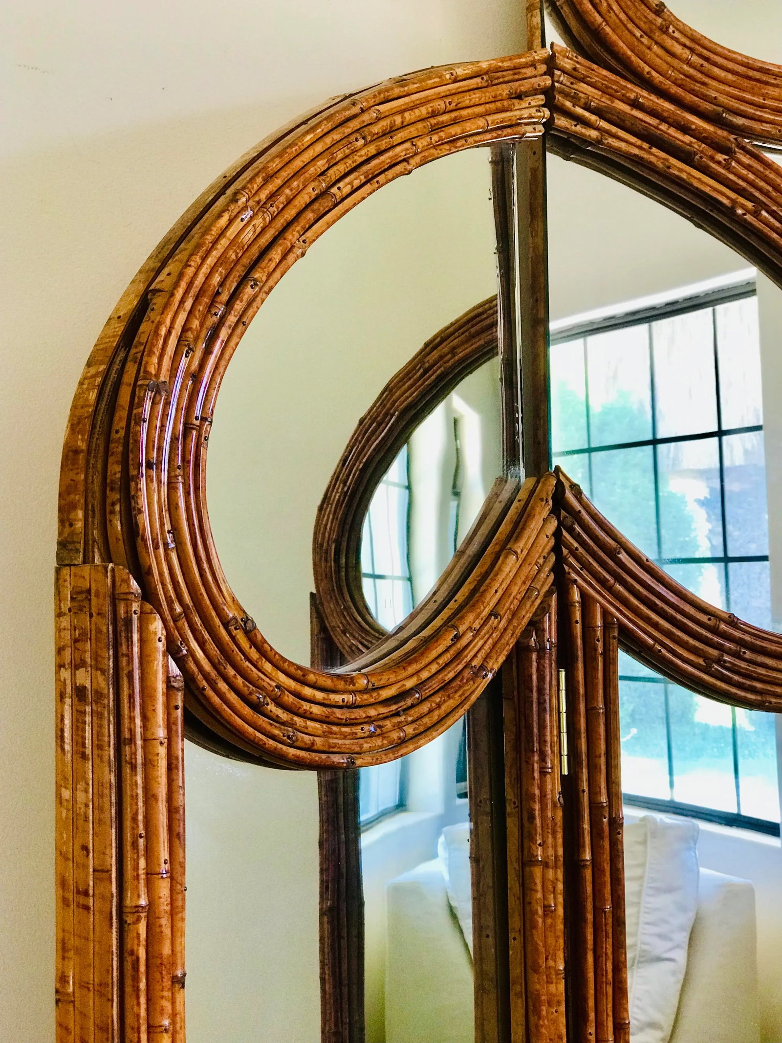 1970's Vivai Del Sud Pencil Reed Rattan Mirrored Screen - 7