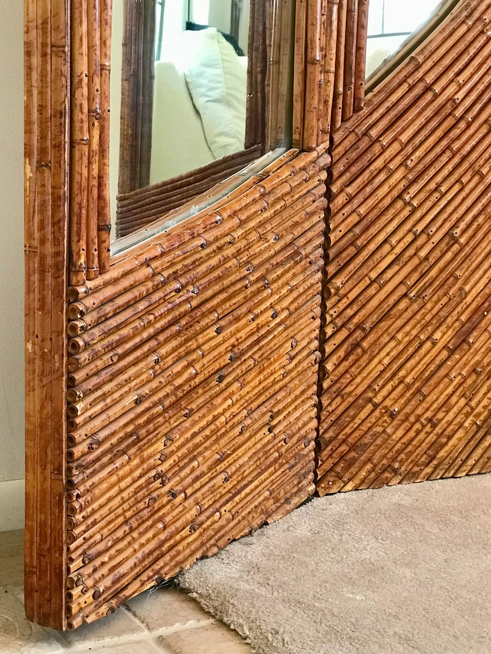 1970's Vivai Del Sud Pencil Reed Rattan Mirrored Screen - 8