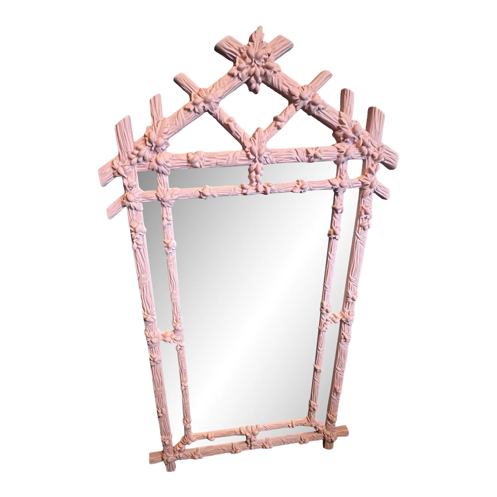Vintage Hollywood Regency Pink Faux Bois Mirror: Gorgeous vintage Hollywood regency wood wall mirror. The perfect addition to any home! Painted pink. Condition: Alterations: Unknown Imperfections: Some Imperfections Condition Notes: In good as-found
