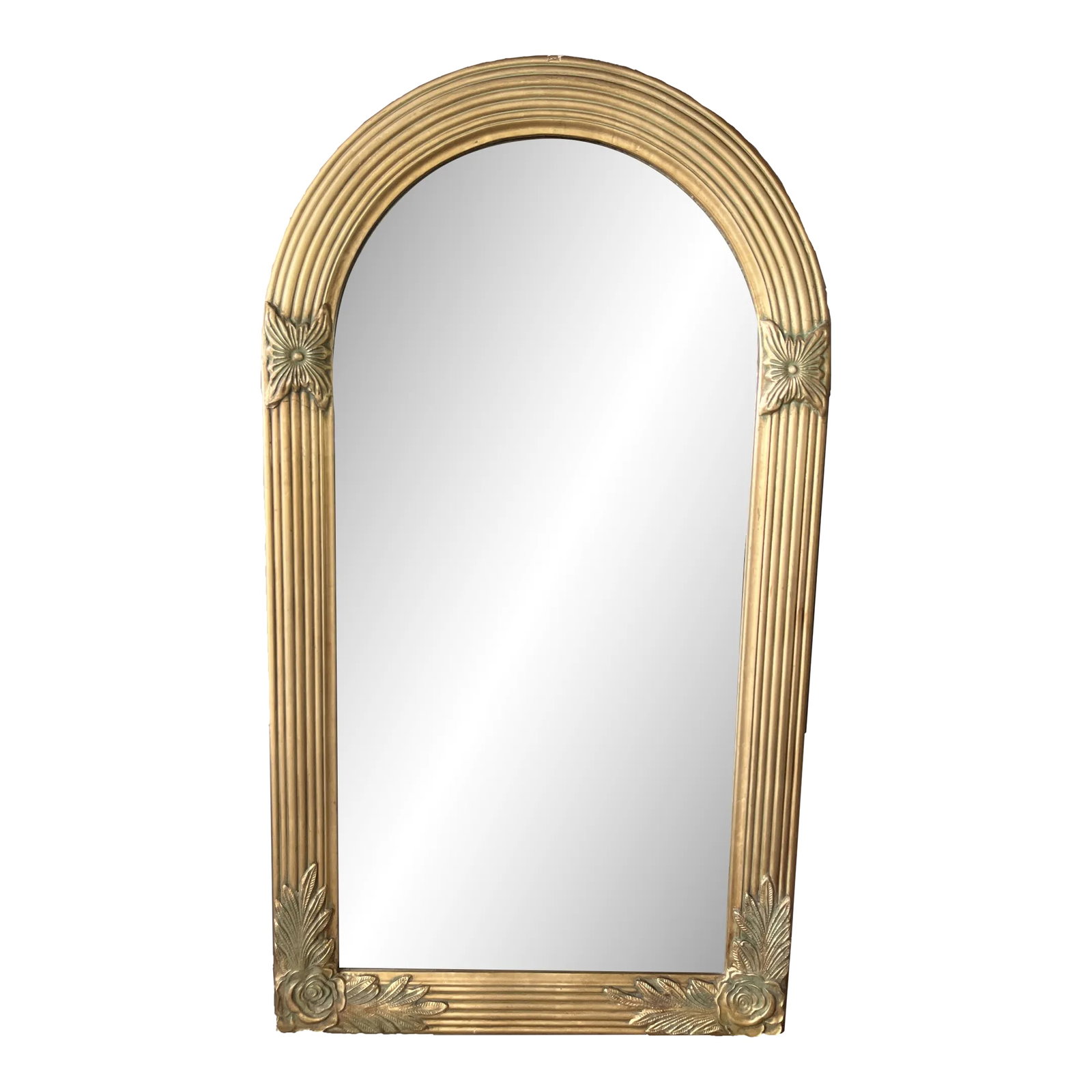 1950's Hollywood Regency Arched Gold Carved Wood Mirror: A fabulous 1950's Hollywood Regency gold carved wood mirror with rosette details. A stunner above your mantle, show stopping in an entryway, an eye catcher wherever you put it. From an Eastern North