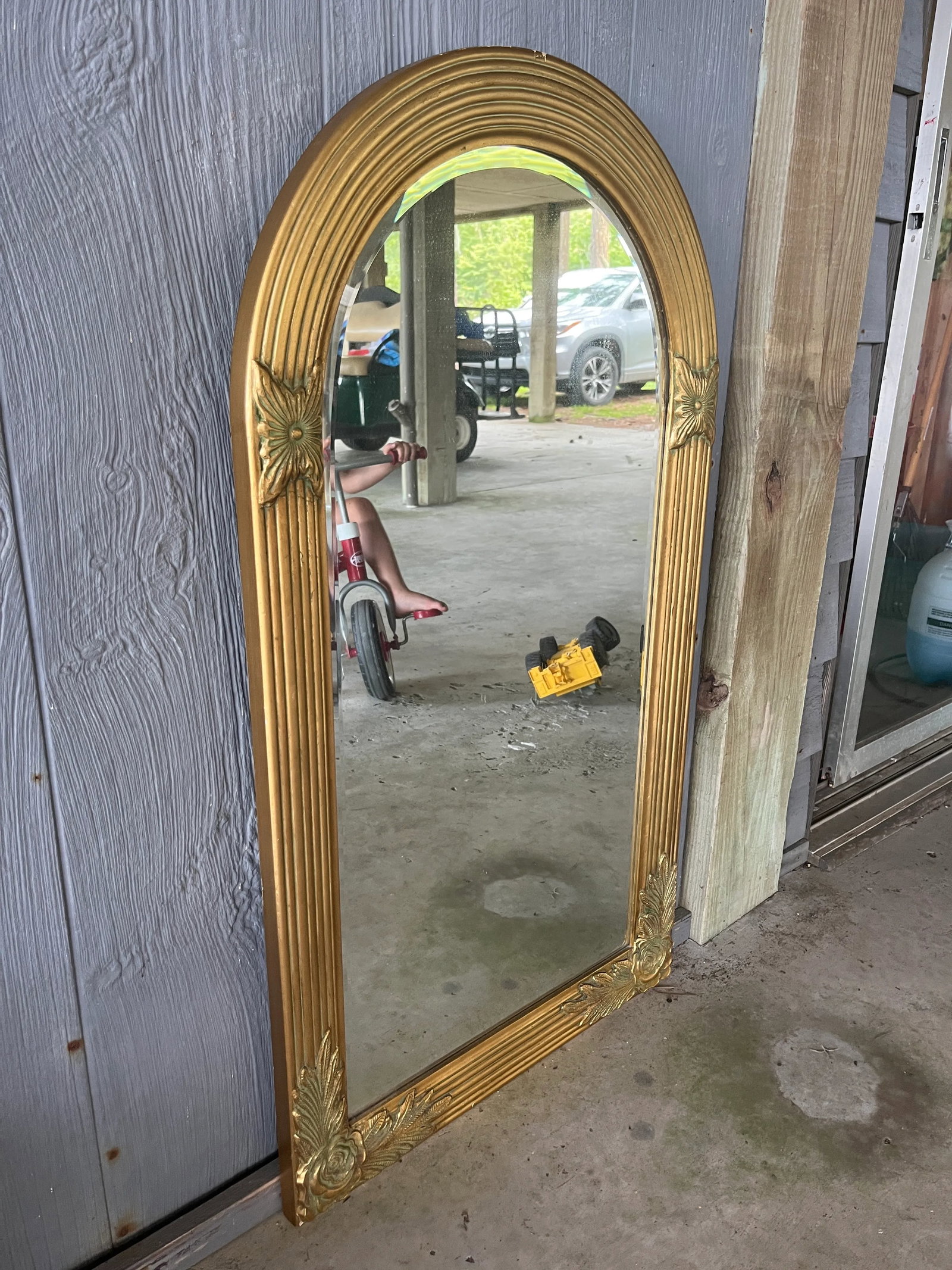 1950's Hollywood Regency Arched Gold Carved Wood Mirror - 2