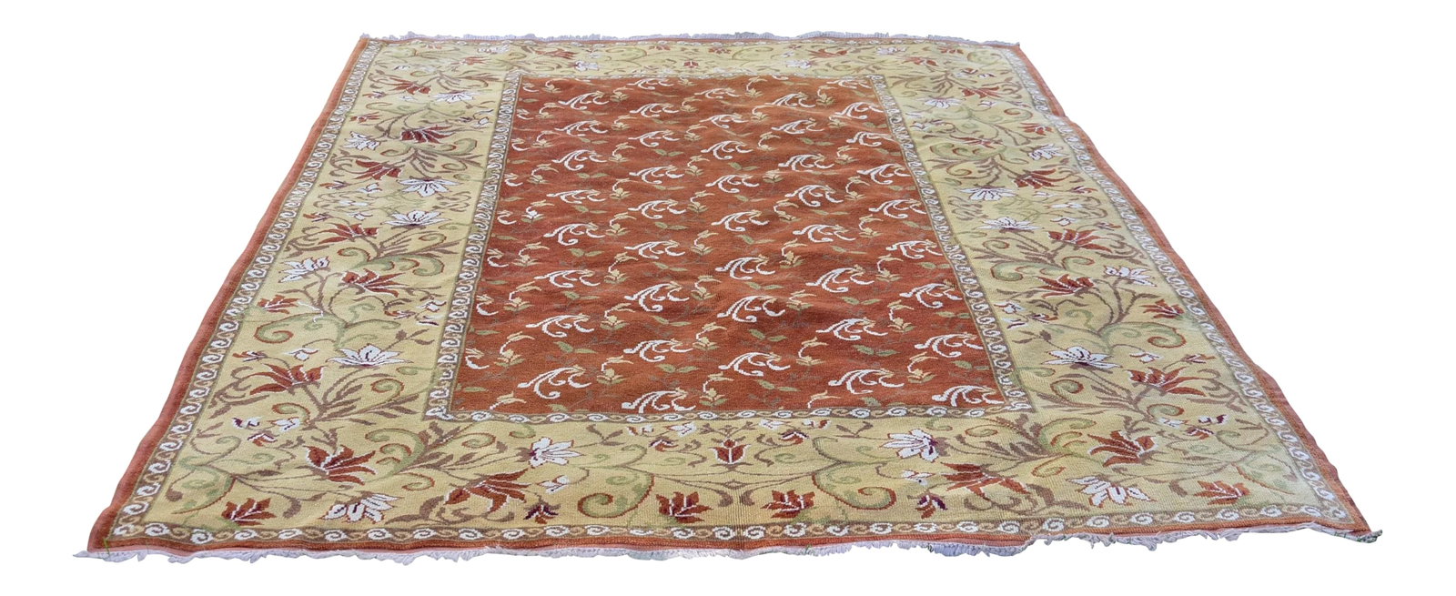 1970s Turkish Handmade Oriental Design Vintage Oushak Wool Area Rug 6.7x9.5 Ft: 1970s Turkish Handmade Oriental Design Vintage Oushak Wool Area Rug 6.7x9.5 ft Size: 6.7 x 9.5 ft ( 204 x 288 cm ) 80 x 113 inches Color: Yellow,Orange,Red,White Material: 100% Wool Fast Shipping: