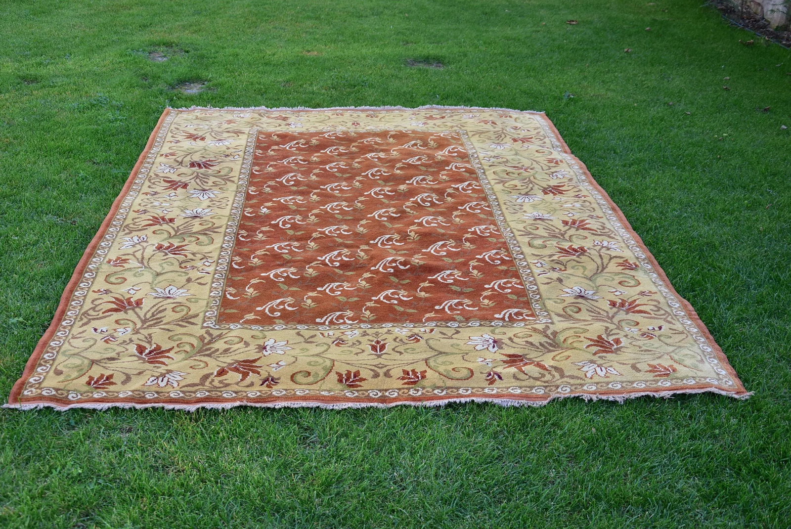1970s Turkish Handmade Oriental Design Vintage Oushak Wool Area Rug 6.7x9.5 Ft - 2