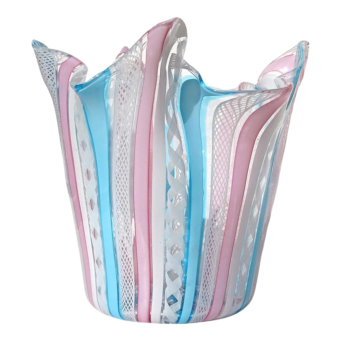 Murano Fratelli Toso Vintage Pink White Blue Italian Art Glass Decorative Fazzoletto Flower Vase: Gorgeous vintage Murano hand blown pink, sky blue, and white ribbons Italian art glass handkerchief / fazzoletto vase. Documented to the Fratelli Toso company, with partial original blue and silver la