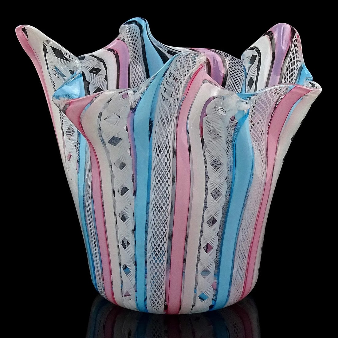 Murano Fratelli Toso Vintage Pink White Blue Italian Art Glass Decorative Fazzoletto Flower Vase - 2