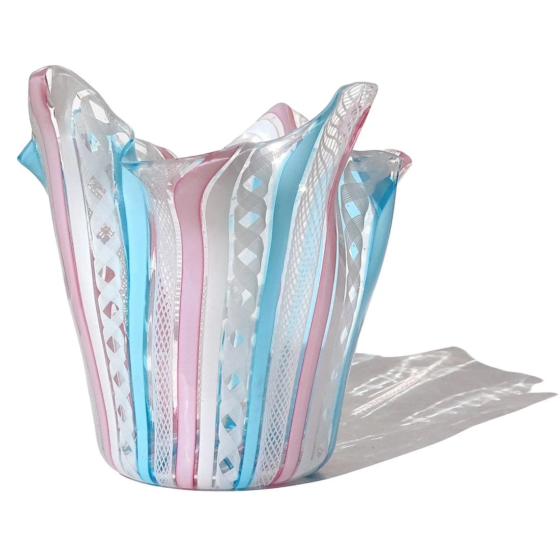 Murano Fratelli Toso Vintage Pink White Blue Italian Art Glass Decorative Fazzoletto Flower Vase - 3