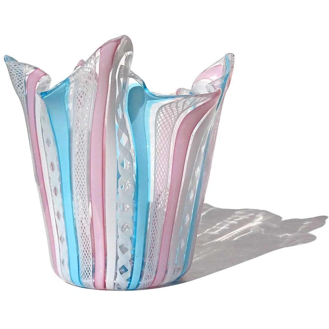 Murano Fratelli Toso Vintage Pink White Blue Italian Art Glass Decorative Fazzoletto Flower Vase - 5