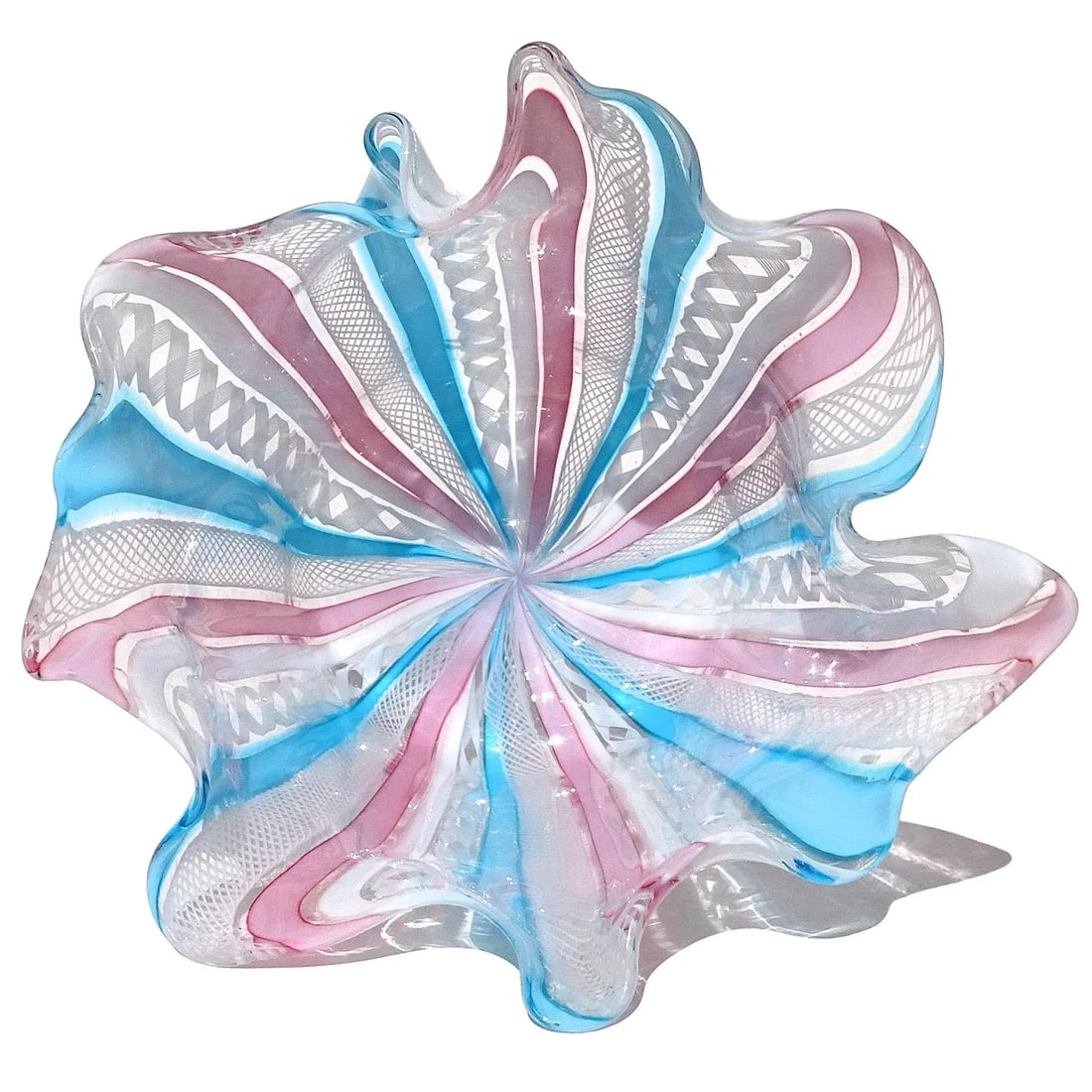 Murano Fratelli Toso Vintage Pink White Blue Italian Art Glass Decorative Fazzoletto Flower Vase - 6