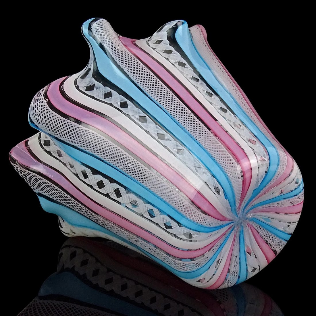 Murano Fratelli Toso Vintage Pink White Blue Italian Art Glass Decorative Fazzoletto Flower Vase - 8