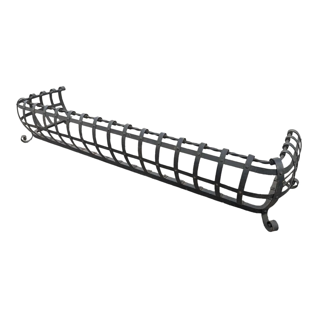 Vintage Scroll Wrought Iron Fireplace Fender Large: Enhance the beauty of your fireplace with this stunning vintage scroll wrought iron fender. It is perfect for bigger fireplaces. Approximate measurements: 80" L x 18.5" D x 13.5" H Fender shows age an