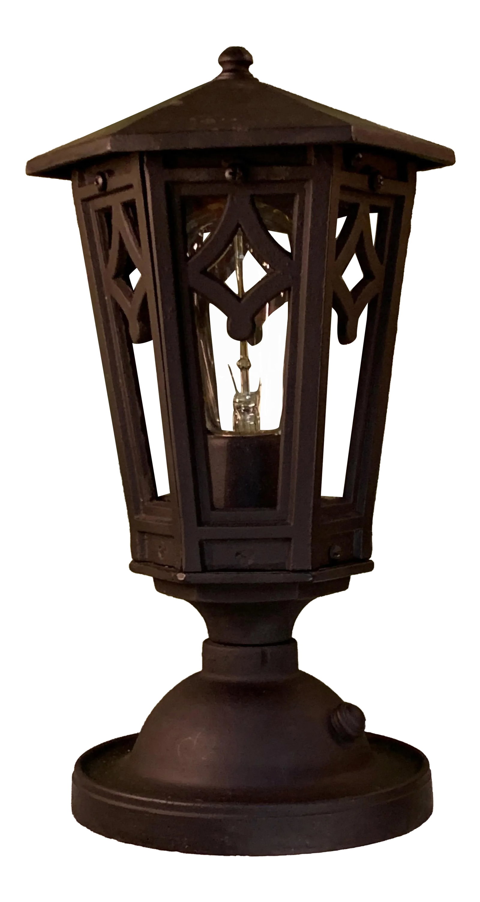 1920s Black Outdoor Post Lantern: New Black paint, socket, and clear glass panels. Mounts to a post or flat surface. Remove roof (two screws) to change out bulb. Solid cast iron construction. 13" tall by 7" wide. Condition: