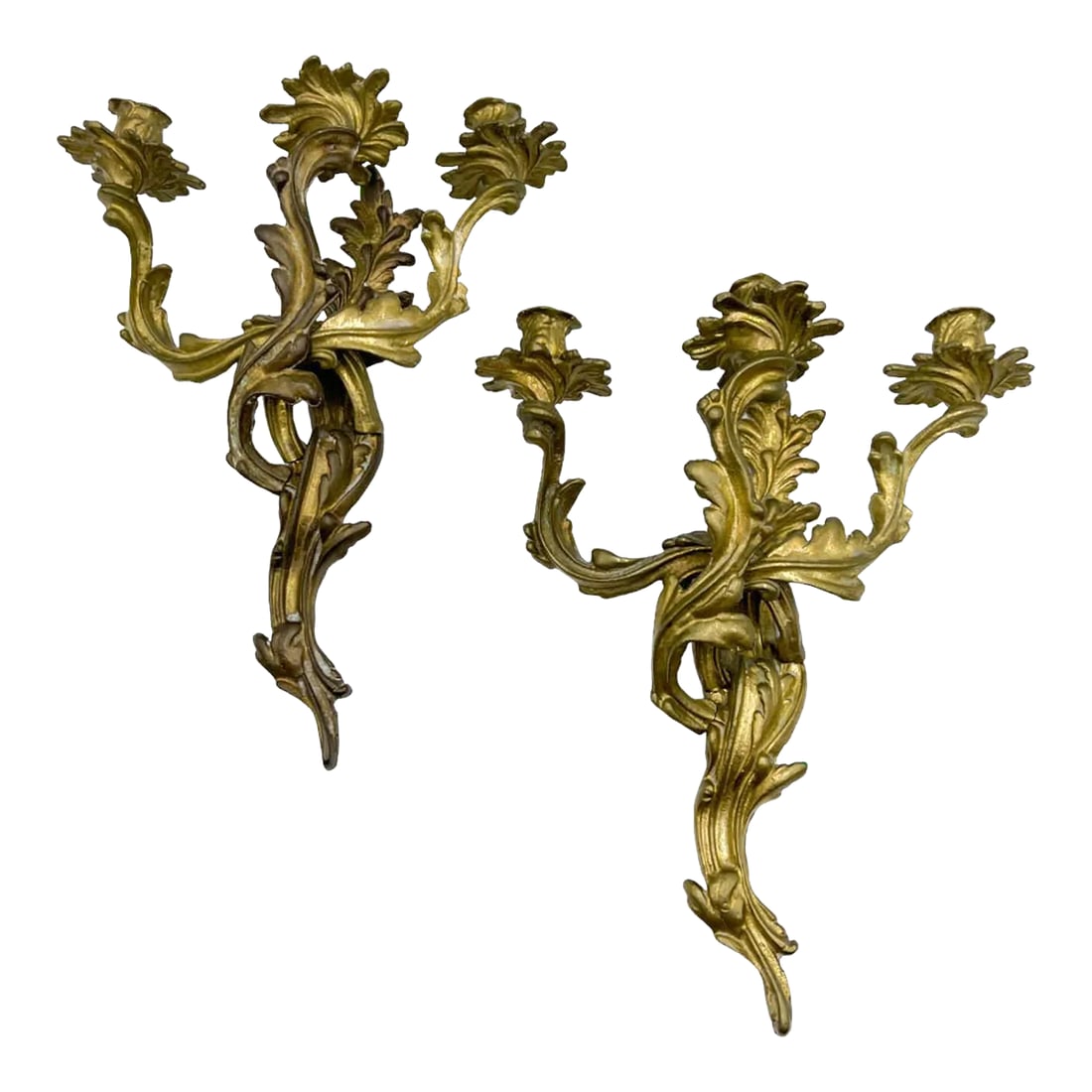 Bronze Louis XV Style Three Candle Sconces - A Pair: A pair of bronze wall sconces, crafted in the Louis XV manner by Glo-Mar Art Works of New York. Condition: Alterations: Original Condition Unaltered Imperfections: Some Imperfections Condition Notes: