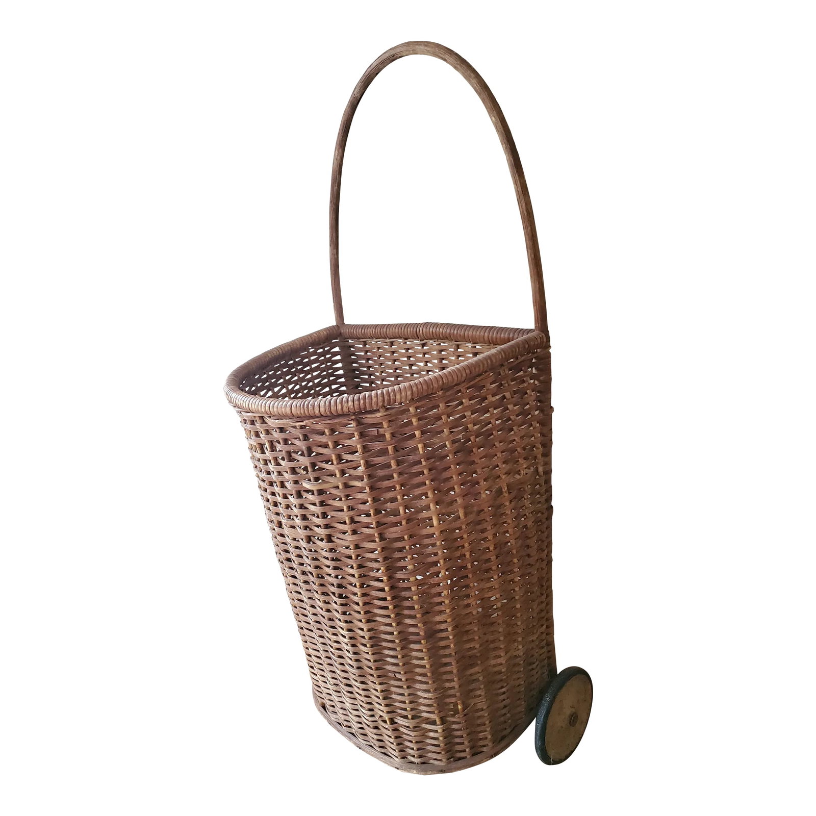 Vintage Rolling Market Basket Cart: Charming vintage rolling wicker market cart. Stylish and functional, the cart rolls on two wheels and has an interior depth of 21" and a 12.5" opening with a sturdy wood base. Add some whimsy to your