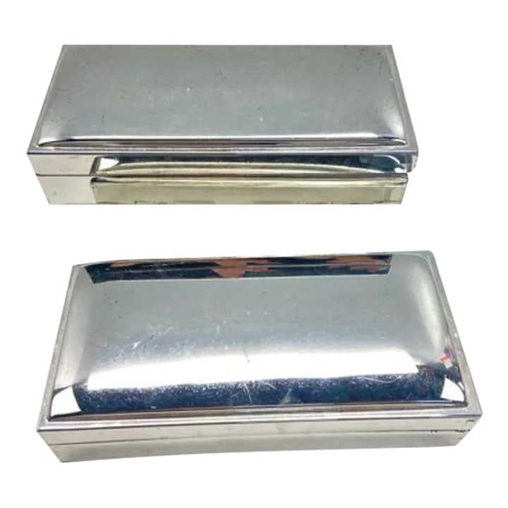 Mid 20th Century Pottery Barn Pair of Jewelry Boxes With Mirror Finish: This elegant and very beautiful Collectible Mid-Century Modern Silver jewelry Box made by Pottery Barn Condition: Alterations: Original Condition Unaltered Imperfections: Some Imperfections Condition 