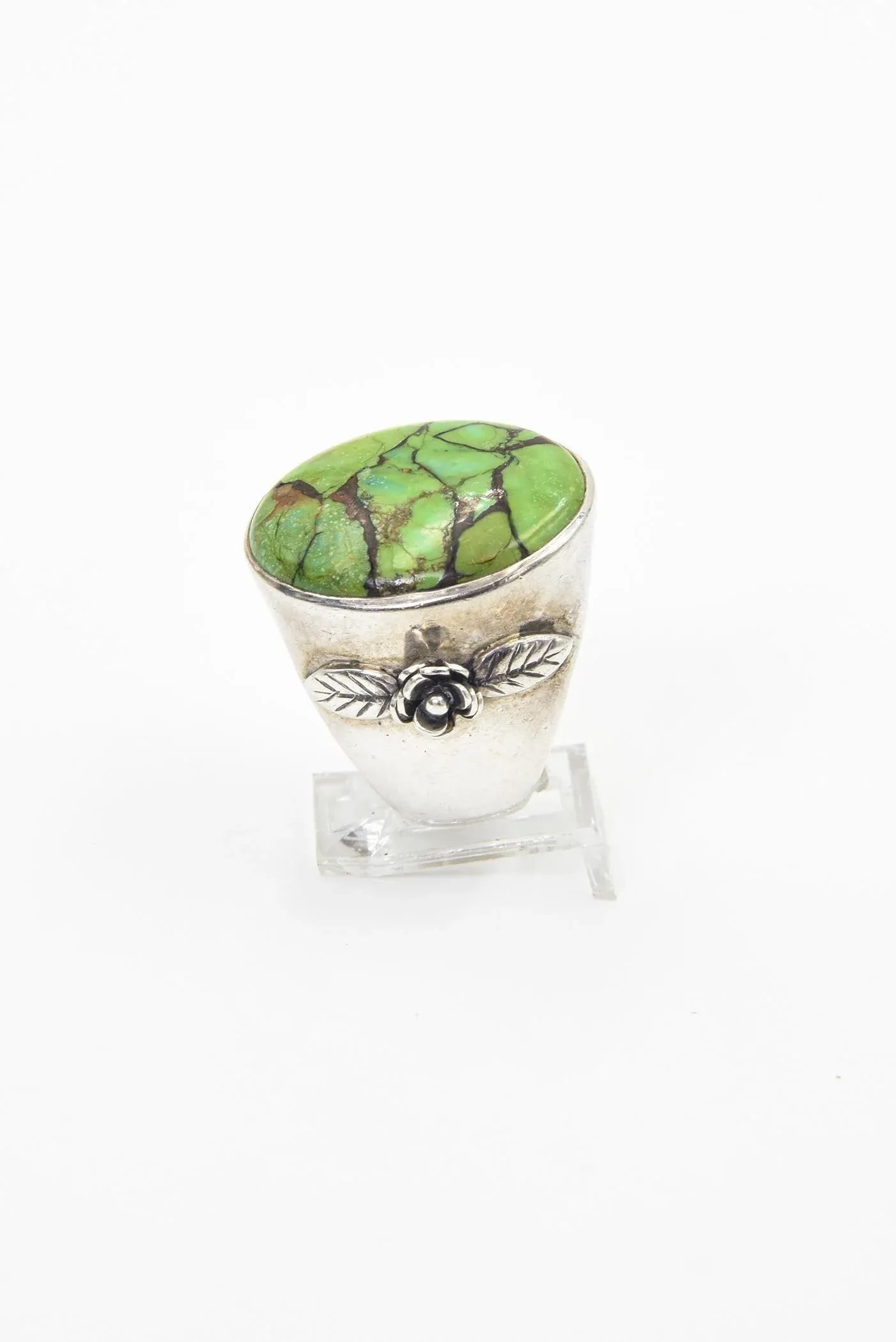 Large Turquoise Sterling Silver Ring With Flower - 5