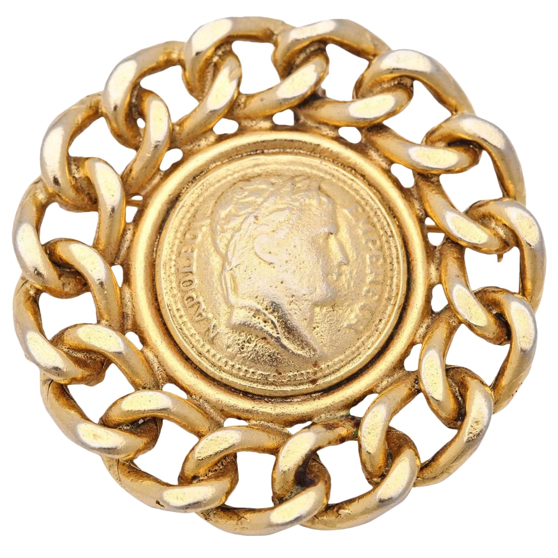 1980s Large Coin Brooch or Pendant by Graziano: This is part of Chairish's Costume Jewelry assortment. Large Napoleon coin edged in large chain has hook to be a pendant or pin to be a brooch. D 0.38 in. x Dm 2.5 in. Condition: Alterations: