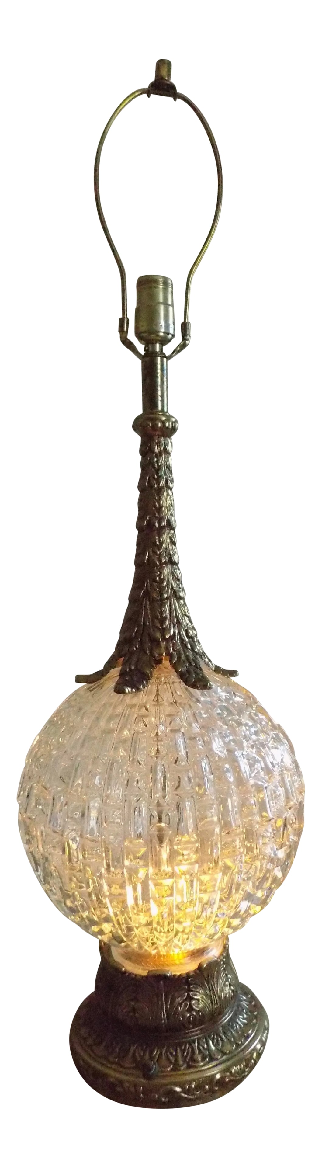 Mid Century Gold and Glass Globe Table Lamp With Illuminated Base: Fabulous, elegant and functional all in this unique table lamp! Authentic mid century glass globe base lamp that illuminates with the touch of a button. The bulb can be changed for color and effect.