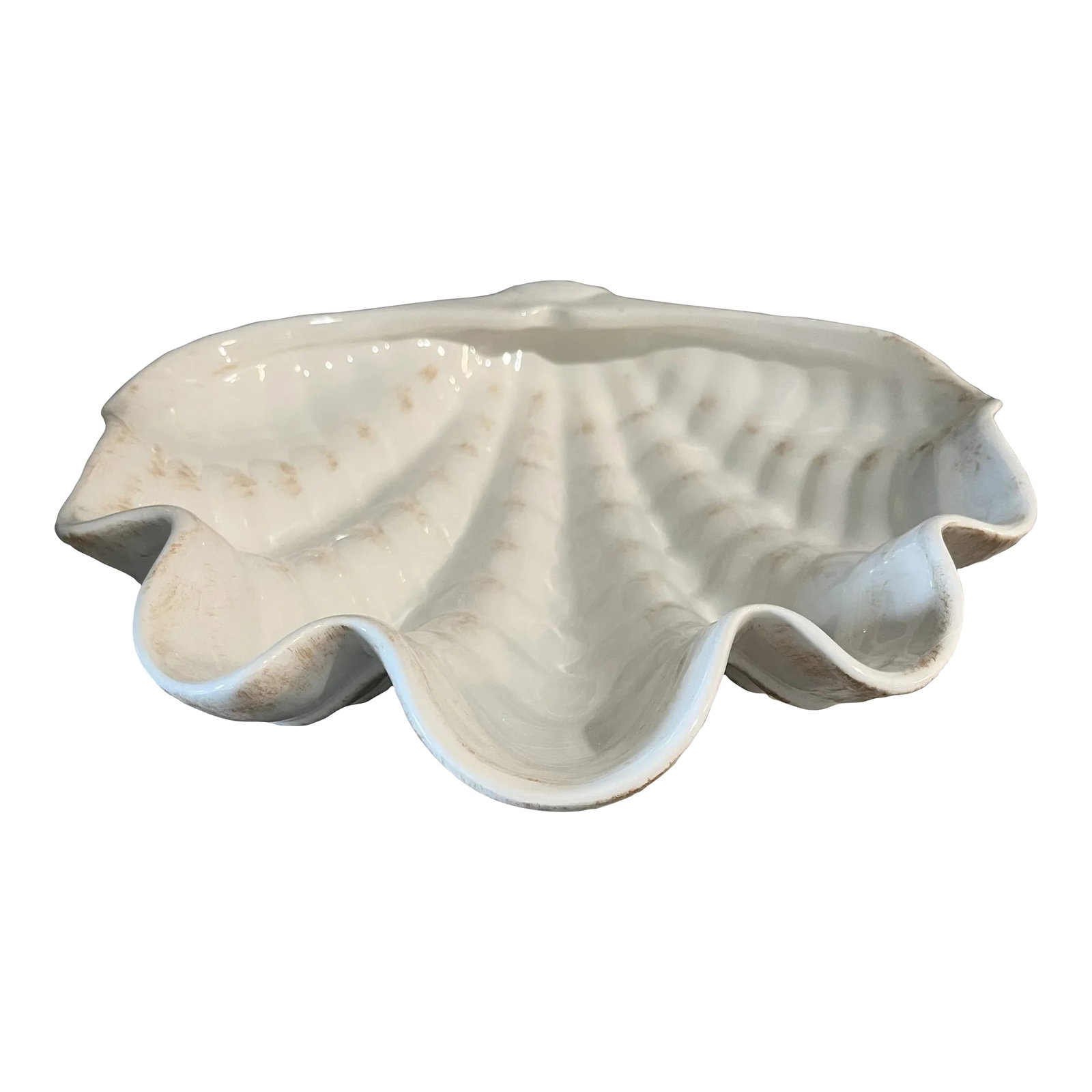 1950's Decorative Ceramic Clam Shell Bowl: A gorgeous hand-painted ceramic decorative clam shell bowl from the 1950's. Perfect as a centerpiece with fruit or on an entry table to collect keys and what nots. Purchased from a North Carolina