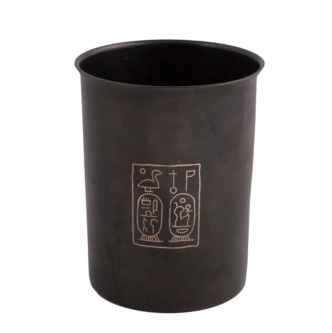 Ancient Egyptian Style Bronze Cup With Silver Inlay: An Egyptian style bronze drinking cup with silver inlay both on the cup, and with a signature on the bottom. Condition is very good. Condition: Alterations: Original Condition Unaltered