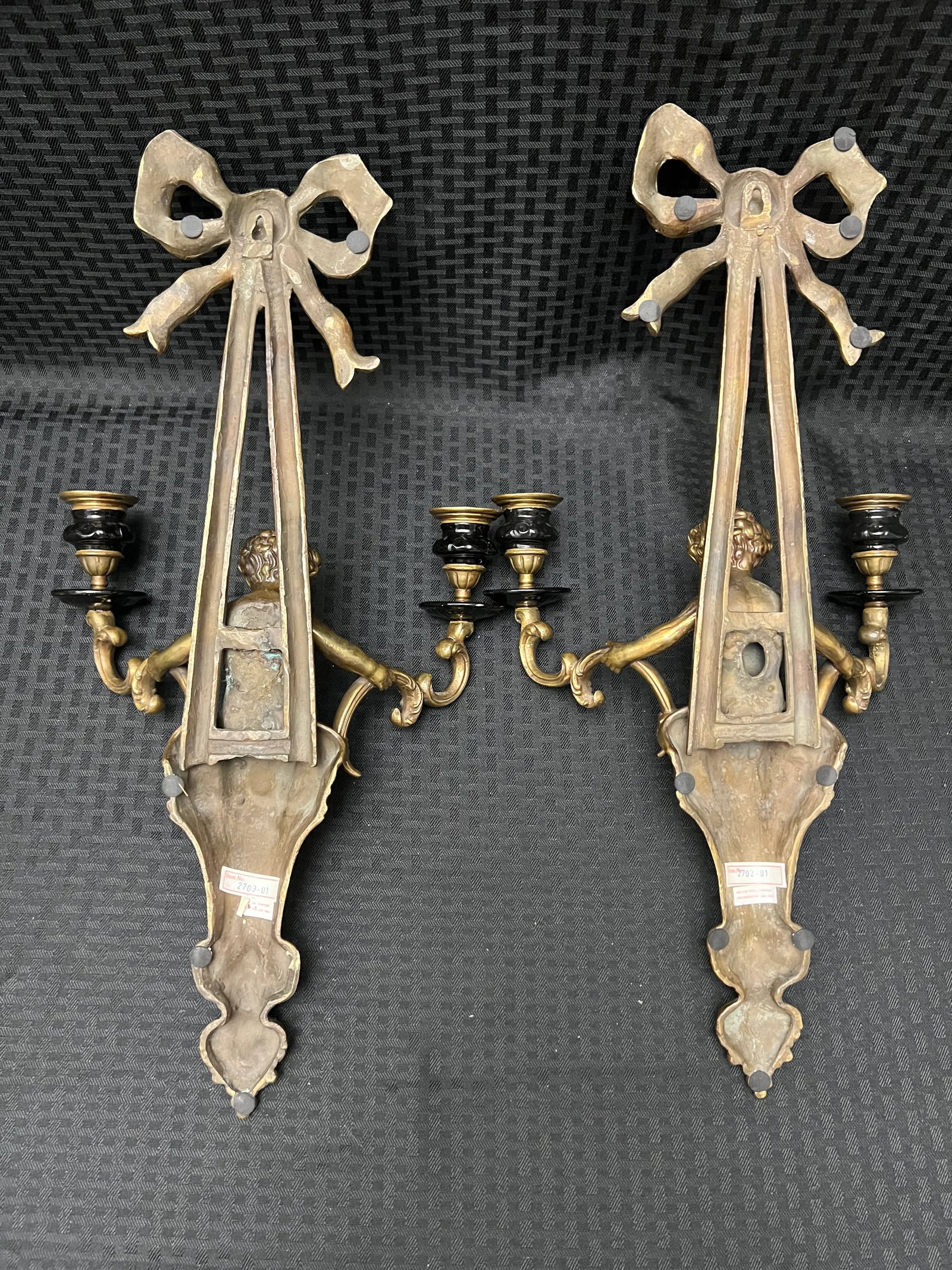 Pair of Vintage Brass Cherub Double Candle Sconces - 12