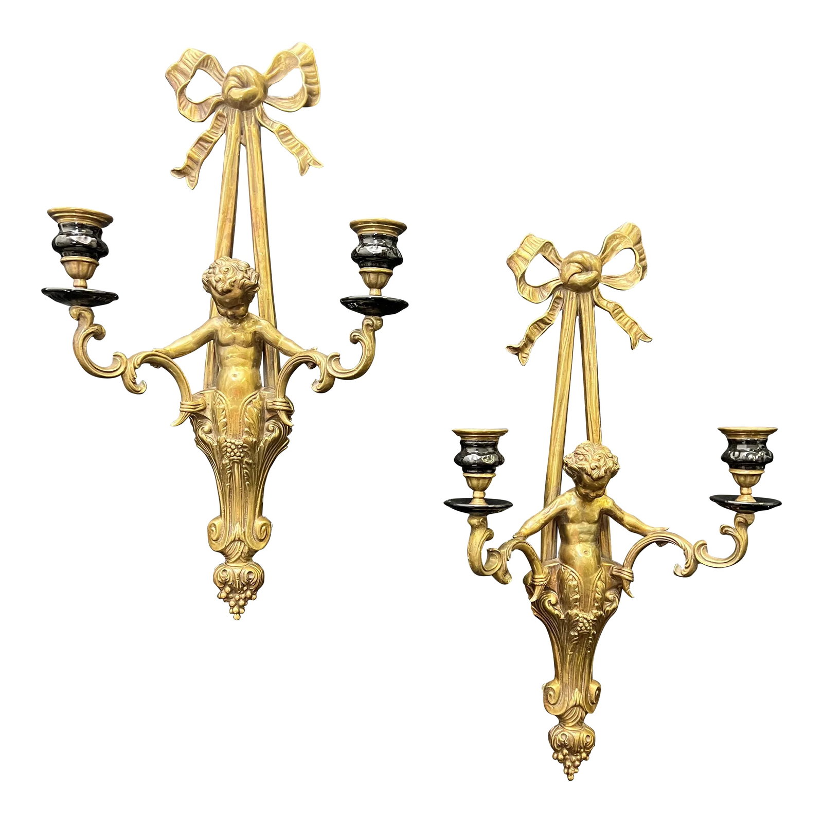 Pair of Vintage Brass Cherub Double Candle Sconces (1 of 12)