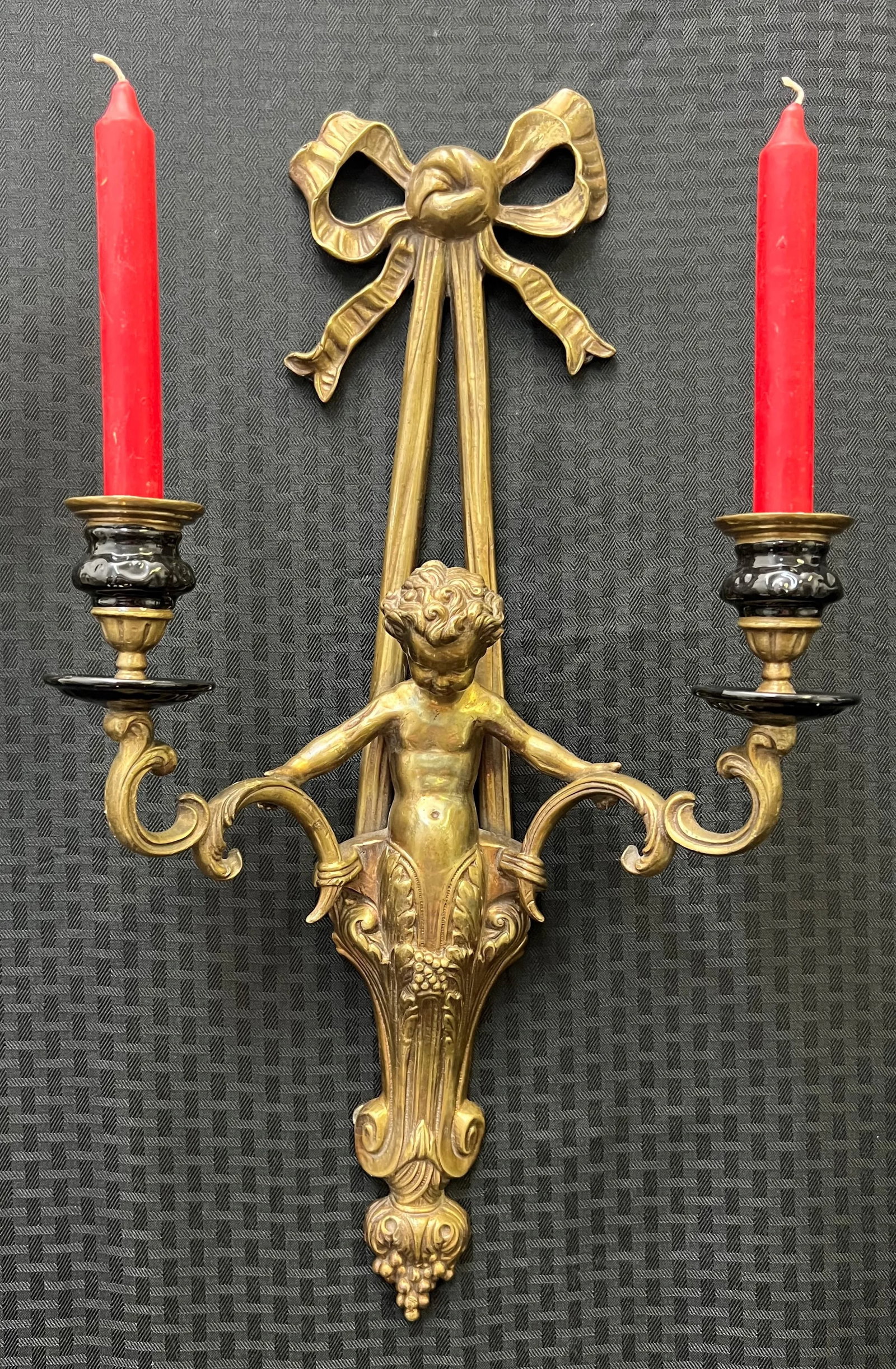 Pair of Vintage Brass Cherub Double Candle Sconces - 2