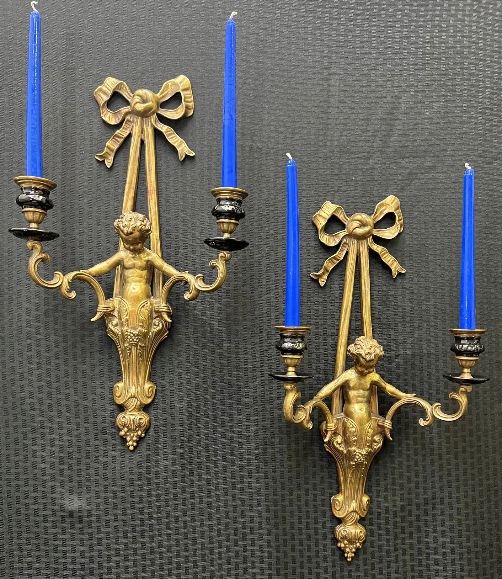 Pair of Vintage Brass Cherub Double Candle Sconces - 3