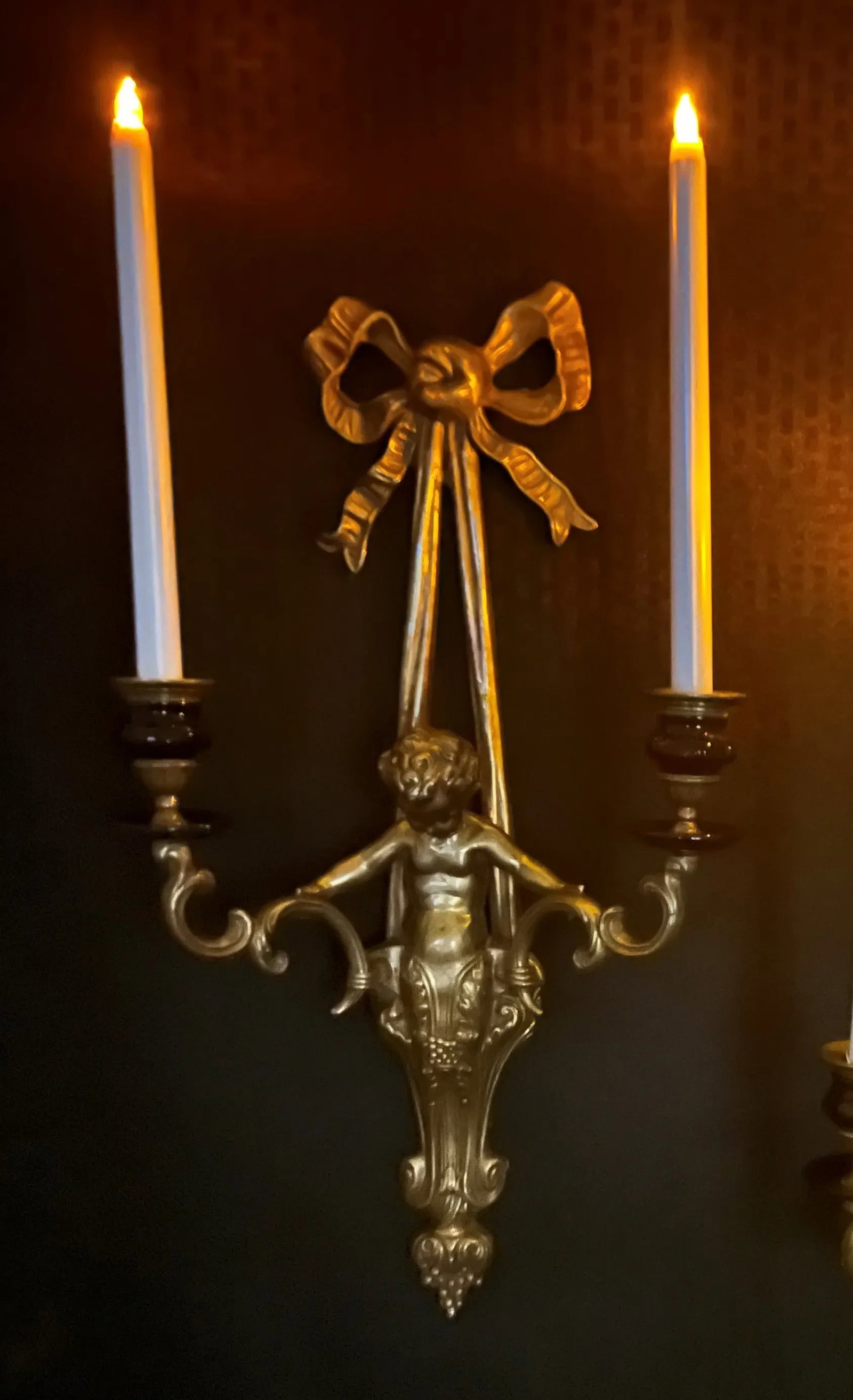 Pair of Vintage Brass Cherub Double Candle Sconces - 4